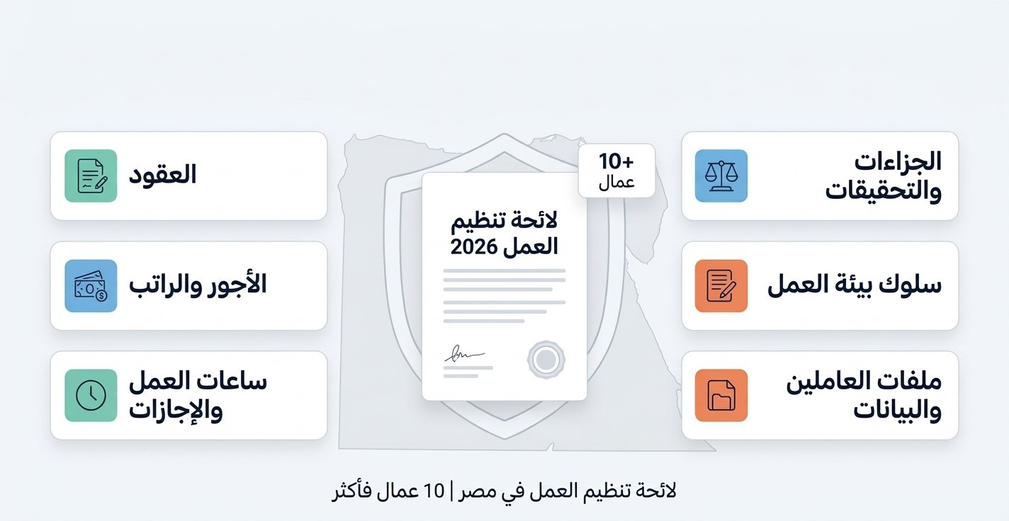 إنفوجرافيك باللغة العربية يوضح المحاور الستة الأساسية للائحة تنظيم العمل في مصر 2026 للشركات التي تضم 10 عمال فأكثر تشمل العقود، الأجور، ساعات العمل، والجزاءات.