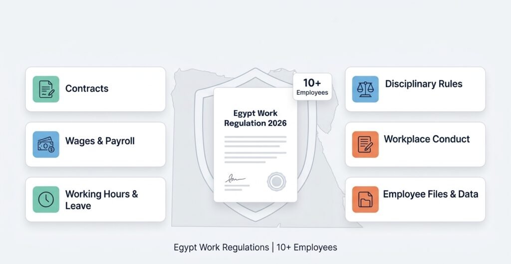 B2B compliance infographic displaying key HR modules including Contracts, Wages & Payroll, Working Hours, Disciplinary Rules, Workplace Conduct, and Employee Files for Egypt Work Regulations 2026.