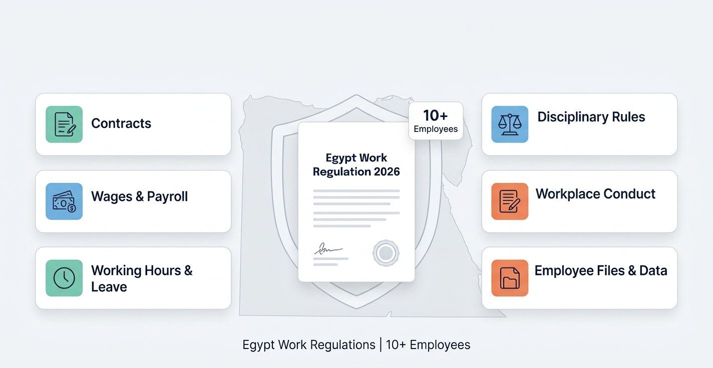 B2B compliance infographic displaying key HR modules including Contracts, Wages & Payroll, Working Hours, Disciplinary Rules, Workplace Conduct, and Employee Files for Egypt Work Regulations 2026.